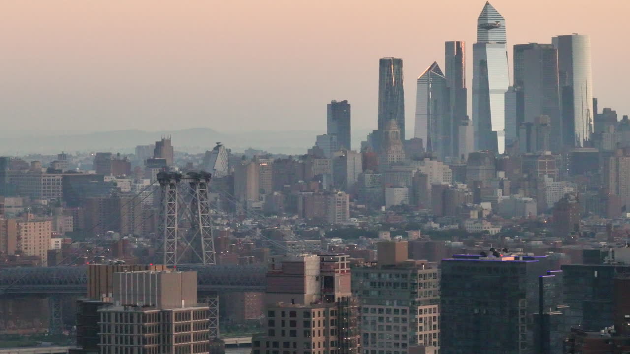 Aerial view of New York City at sunrise. Shot in Brooklyn