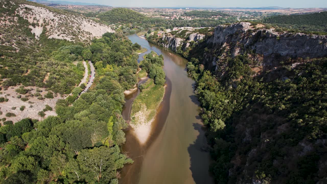 Aerial panoramic view of Nestos river in Kavala Xanthi region in Greece