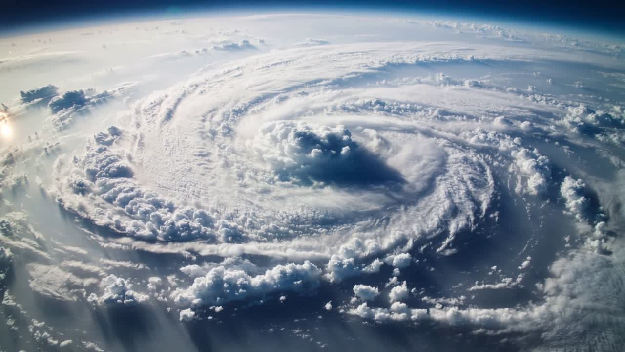 Panorerende satellit optager en spiralformet cyklon, der viser dens øje og bånd over havet og afslører Jordens krumning.