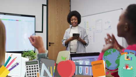 animation of school items over school children and female african american teacher in class