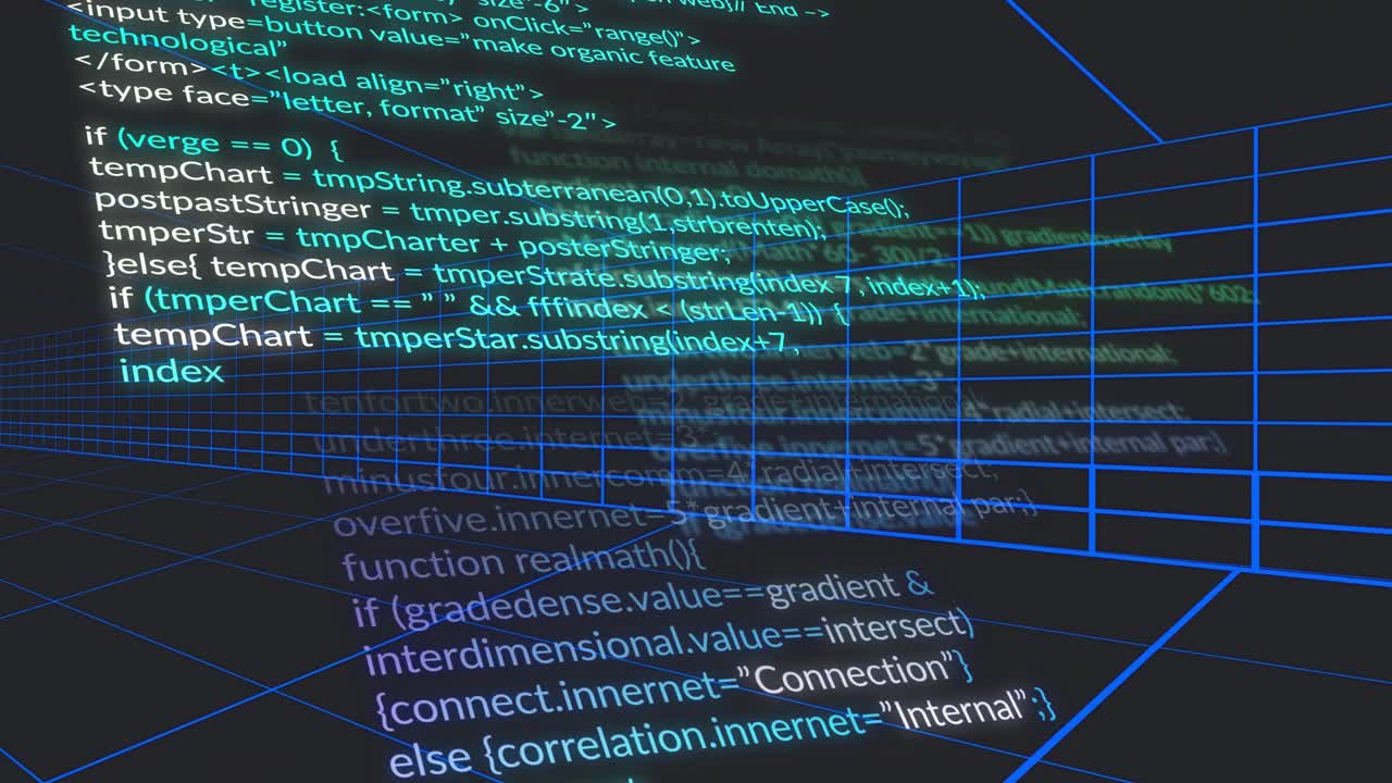 3D neon blue wireframe grid converging toward horizon, overlaying multicolor JS code snippets