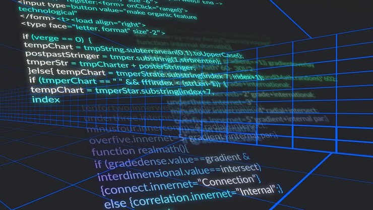 3D neonblauw draadframe raster convergeert naar de horizon, met een overlay van veelkleurige JS-codefragmenten.