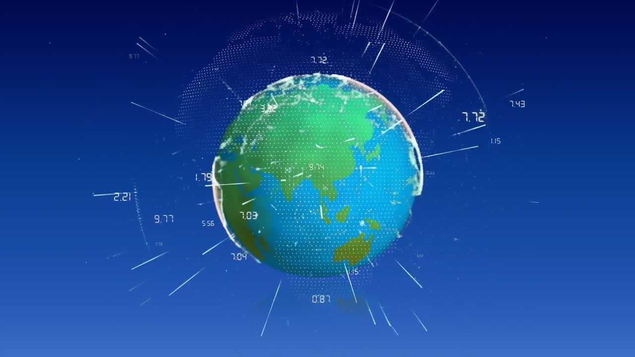 파란색 배경을 배경으로 회전하는 지구 위의 빛의 흔적의 애니메이션