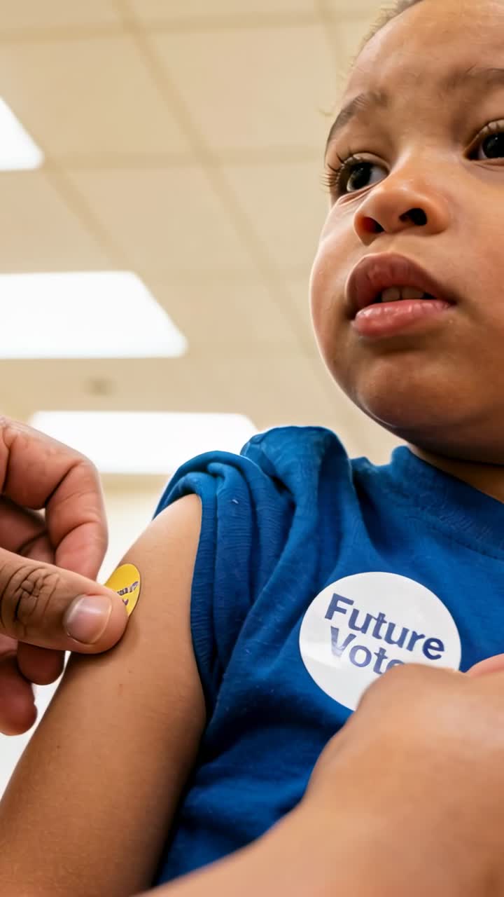 Des mains d'adultes plaçant un autocollant jaune sur un enfant en chemise bleue dans un bureau de vote, « Futur Électeur ».
