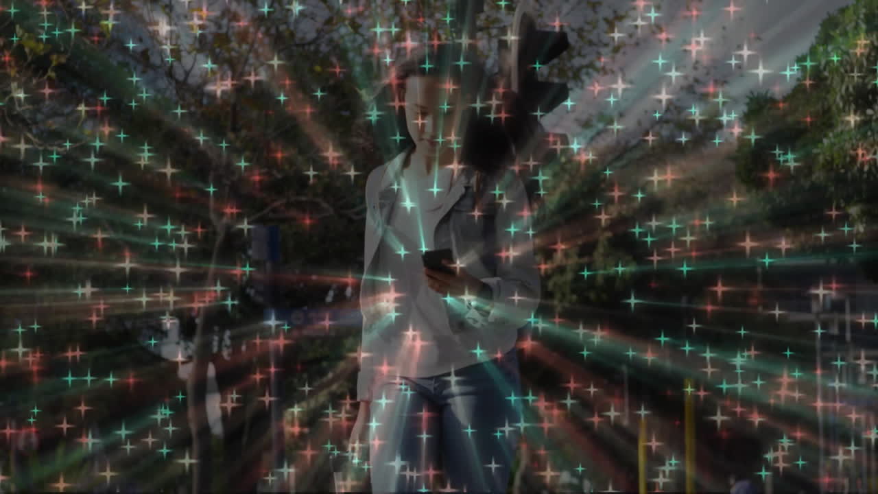 Woman walking sidewalk, holding smartphone, featuring radial star bursts, showcasing technology