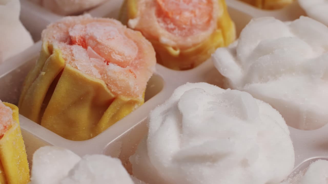 Various of frozen dim sum close-up macro. Food to take away. Chinese dessert food. Dimsum with shrimps, fish and meat. Dish in a cafe. Delivery