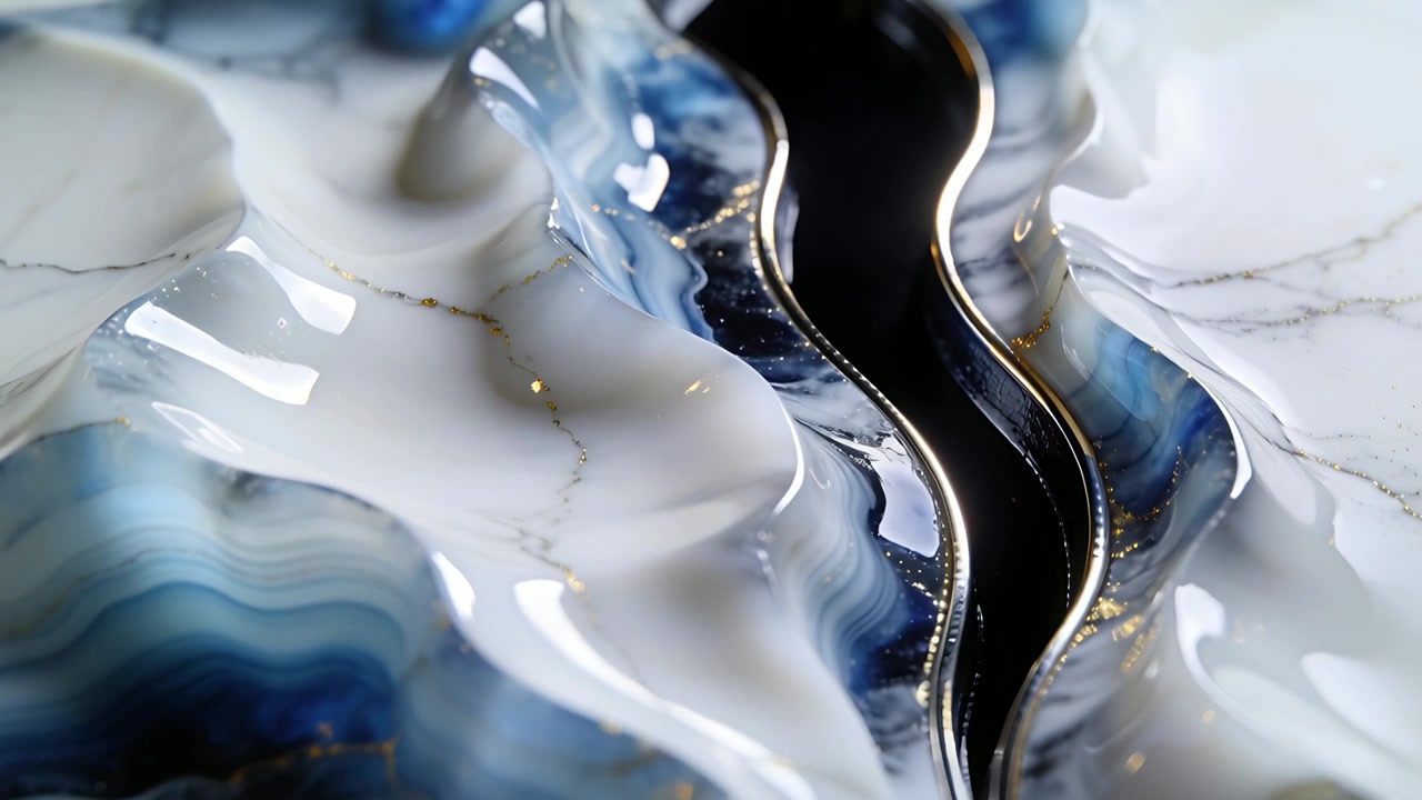Une caméra macro effectue un panoramique, révélant une géode en résine posée sur une table de studio, avec un canal noir et une garniture métallique.
