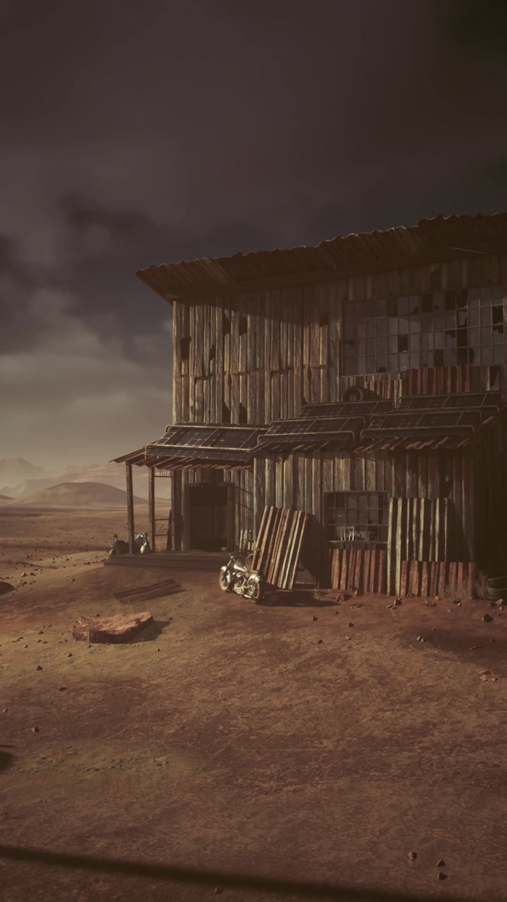 An abandoned rustic trading post illuminated by fading twilight light