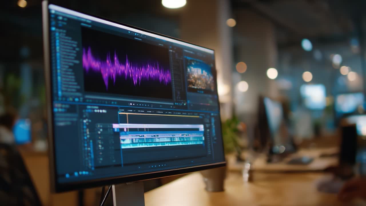 Video Editing Workspace with Sound Wave Visualization and Editing Timeline on a Computer Screen, Highlighting Creative Process in a Modern Office Environment