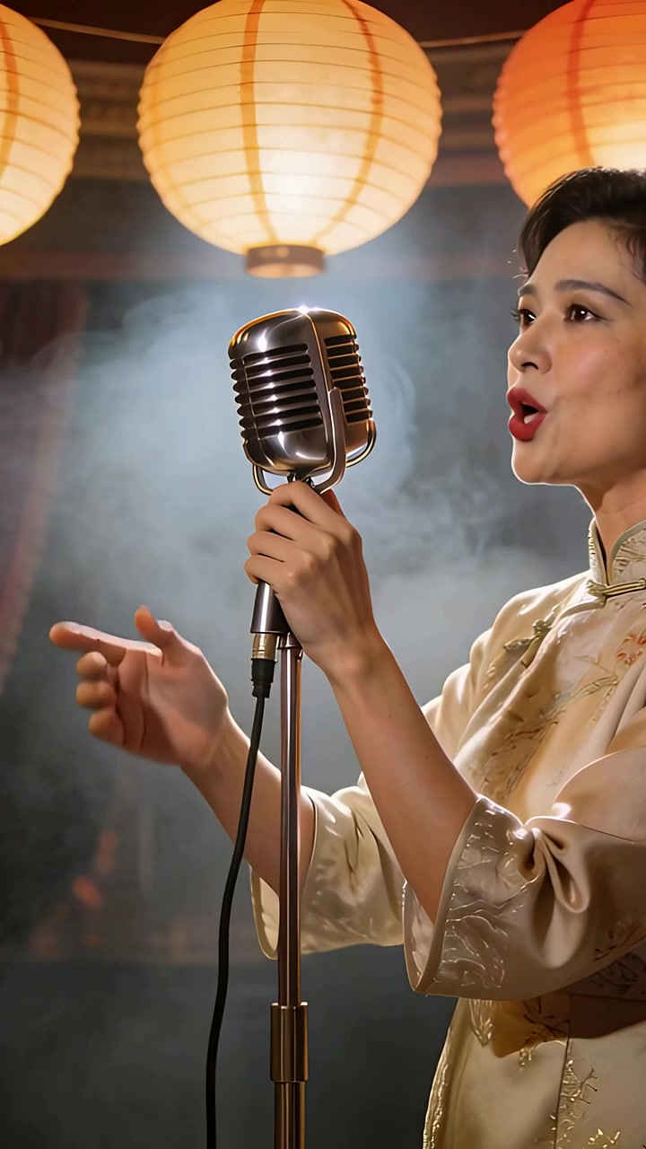 Video verticale: Illuminazione che mette in risalto una cantante asiatica in qipao che canta in un microfono retrò per uno spettacolo in un club, con spazio per il testo.