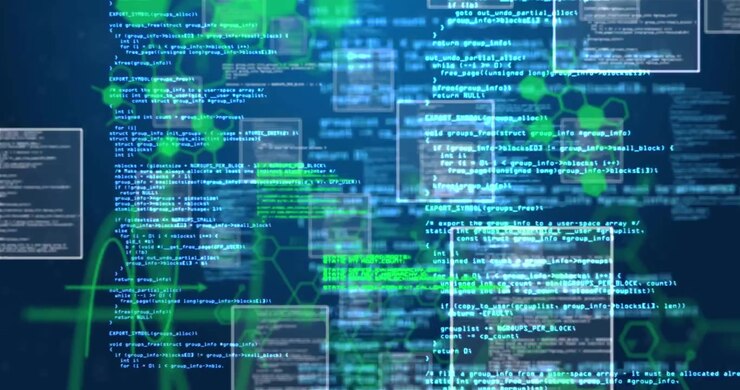 Animation von wissenschaftlicher Datenverarbeitung über blauem Hintergrund