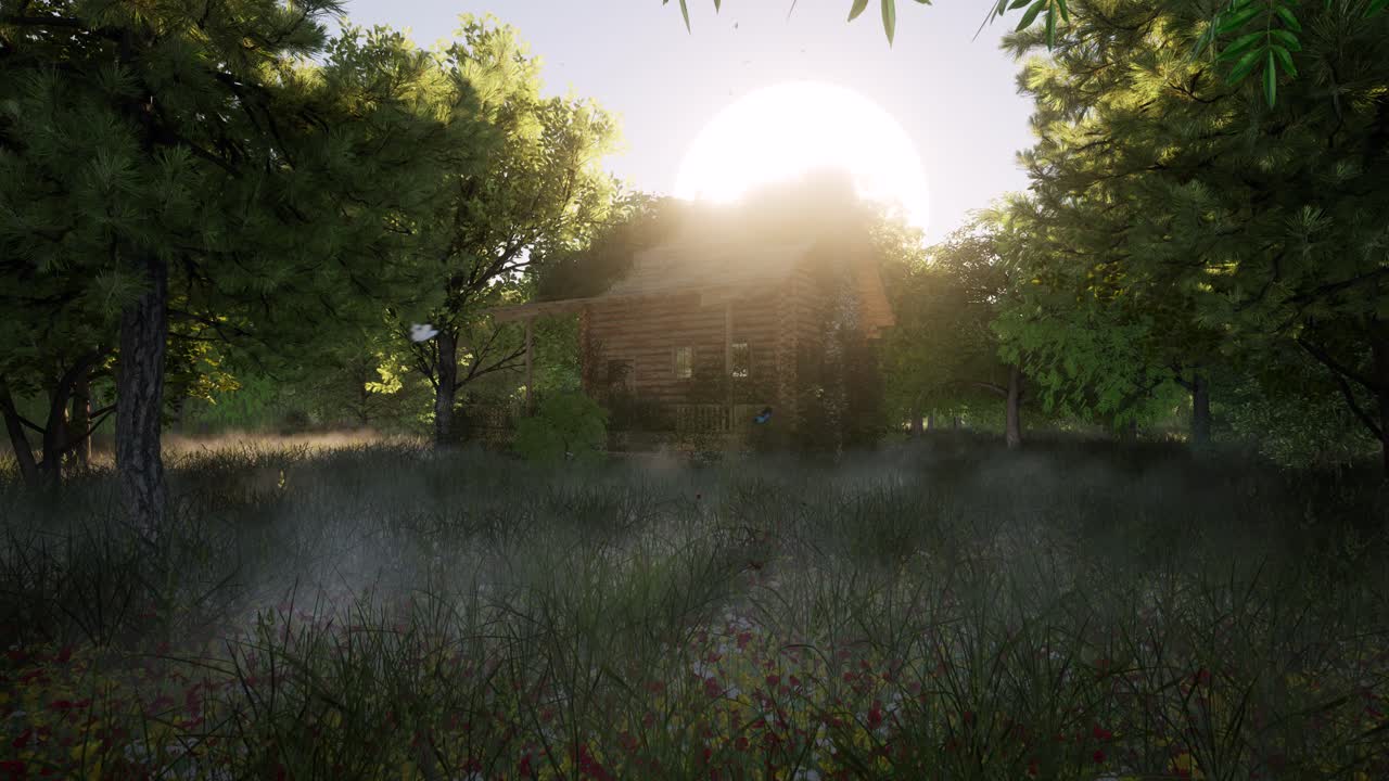 야생의 울창한 숲 안의 오래된 나무 오두막, 나비, 일몰, 3d 애니메이션 카메라  ⁇