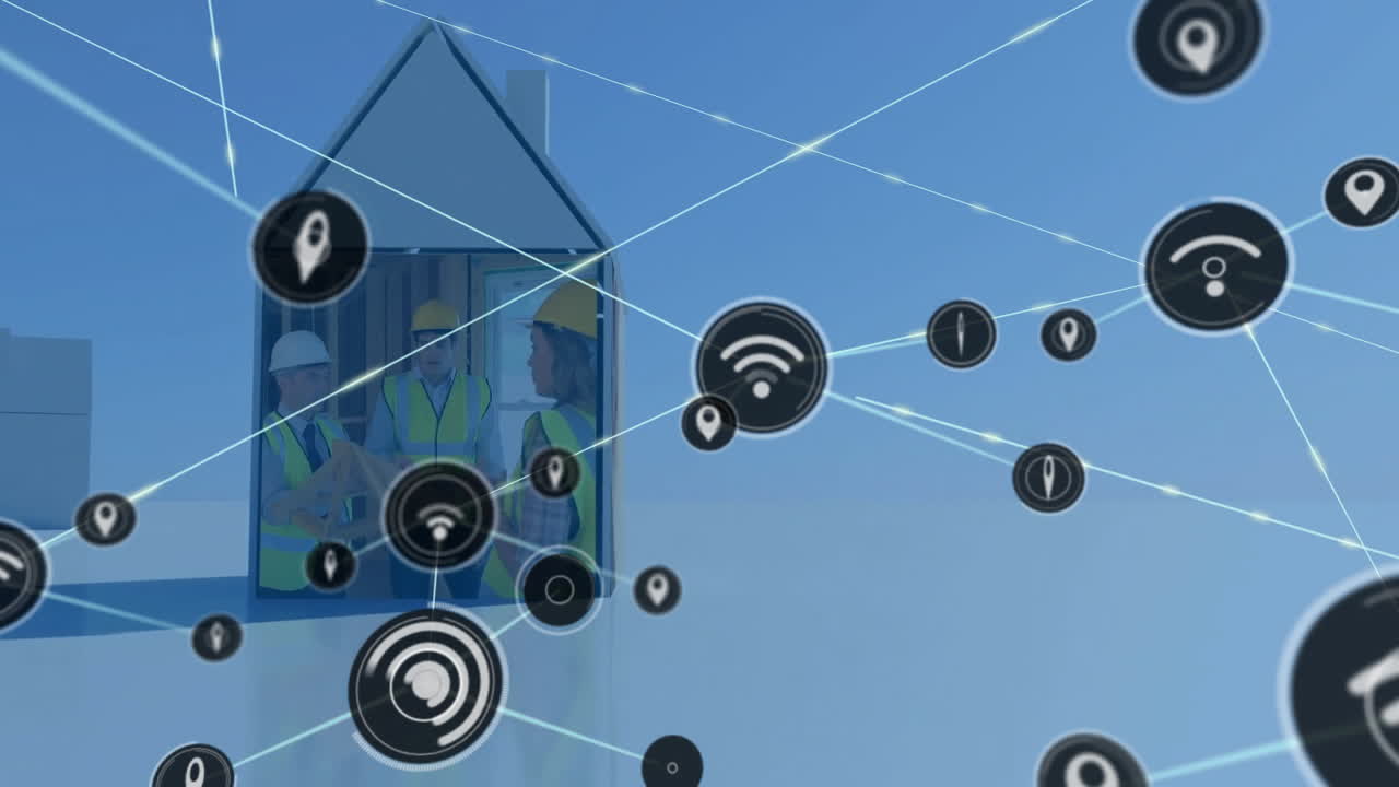 Construction workers with blueprint and network of connectivity icons in animation