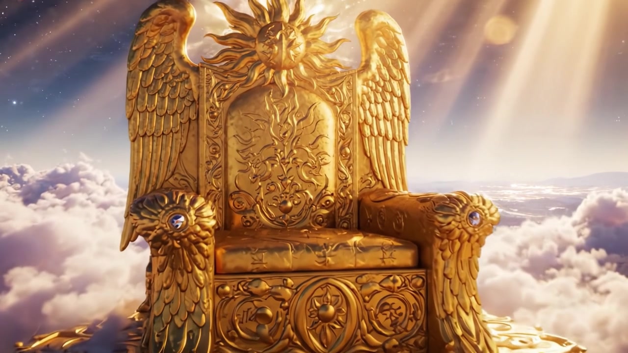 Majestic Golden Throne Surrounded by Heavenly Clouds and Radiant Light, Symbolizing Power, Divinity, and Authority in a Celestial Realm