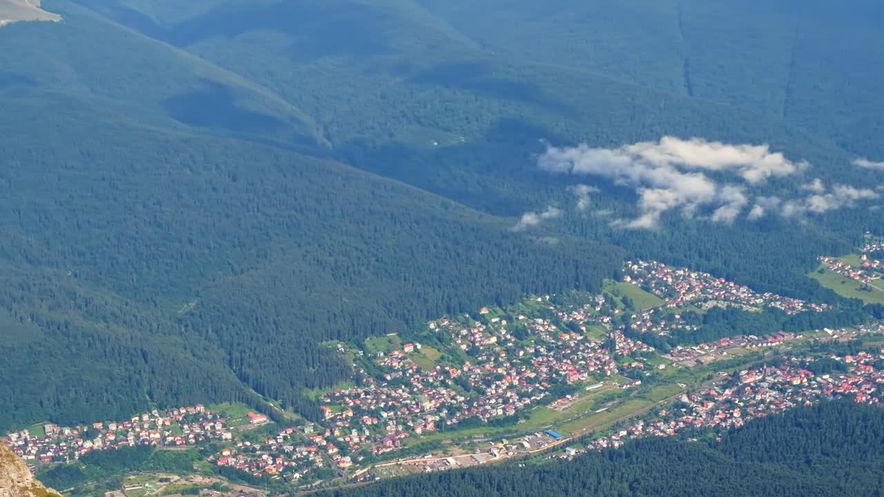 Panorama view of Busteni city from above of the Bucegi mountains in Roamania
