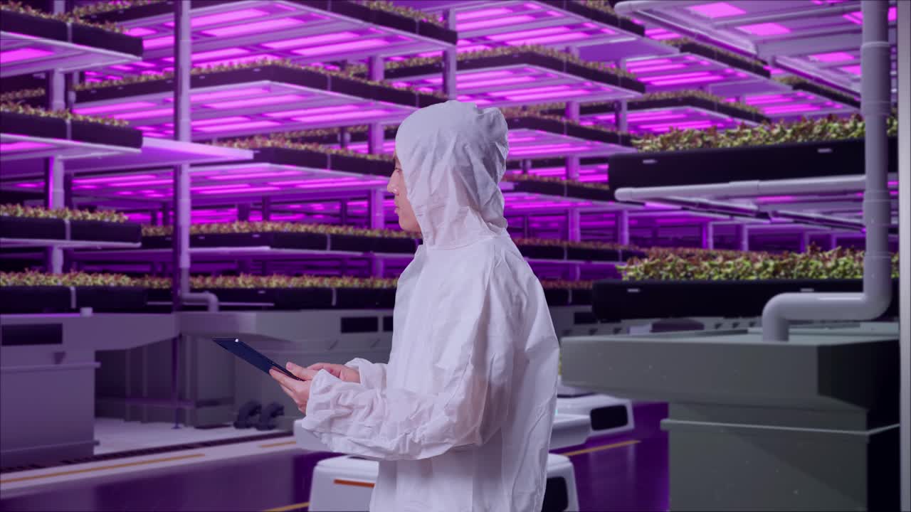 Vertical Farm Worker Monitoring Plants