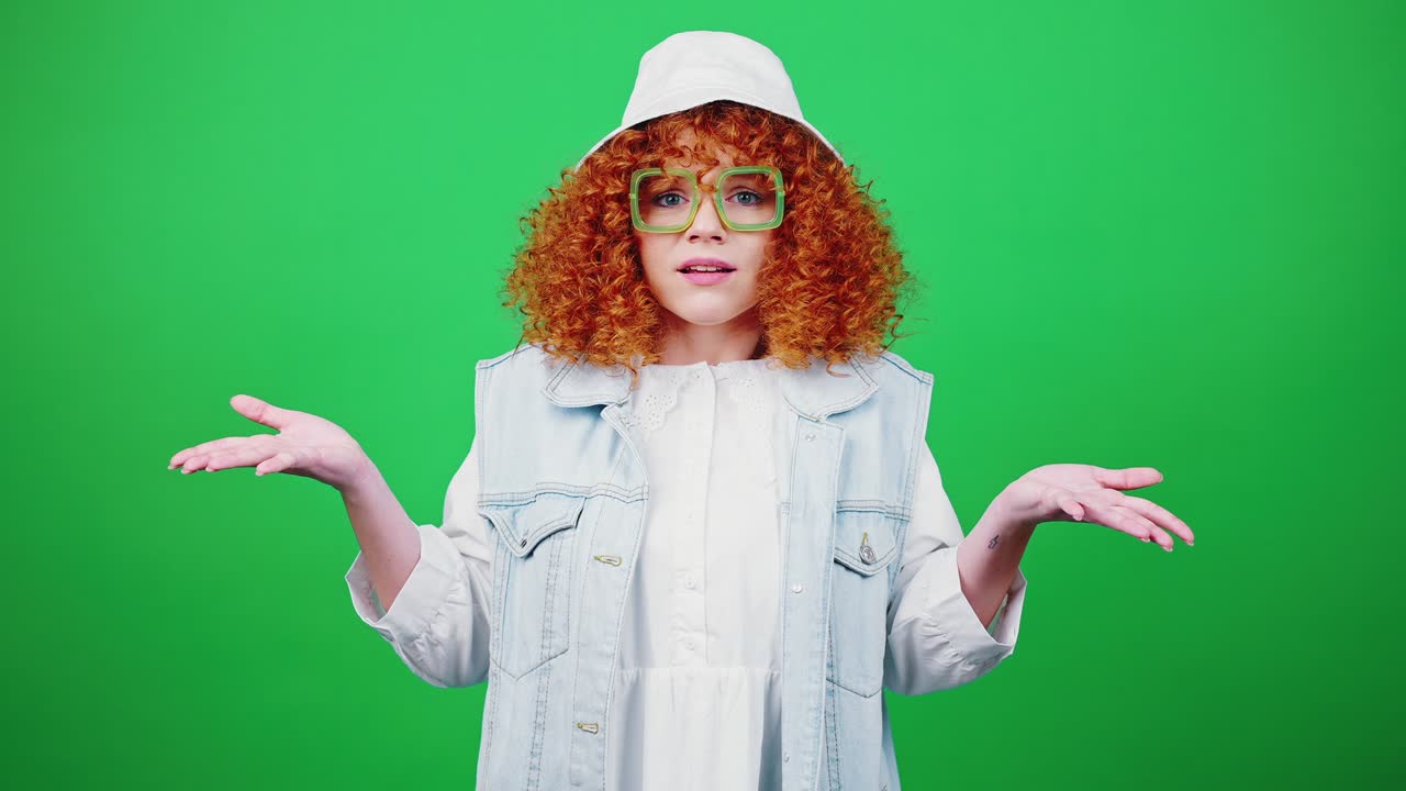 Young emotional redhead woman in panama hat and glasses shrugging shoulders, asking what, green chroma key background