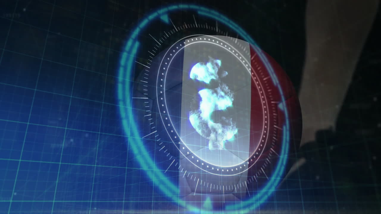 Rotating holographic elements in animation with glowing blue patterns in school setting