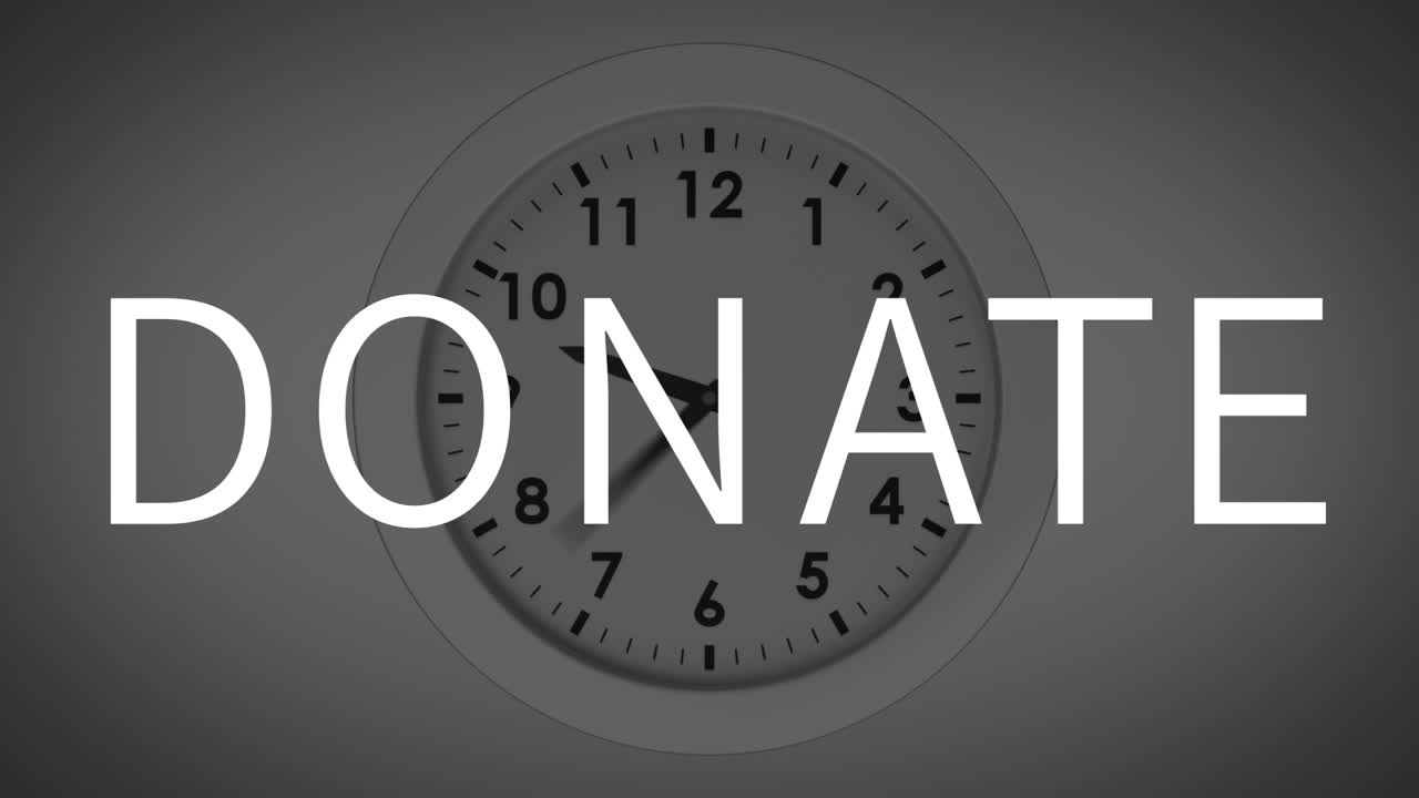 Animation of donate text over clock moving on white background