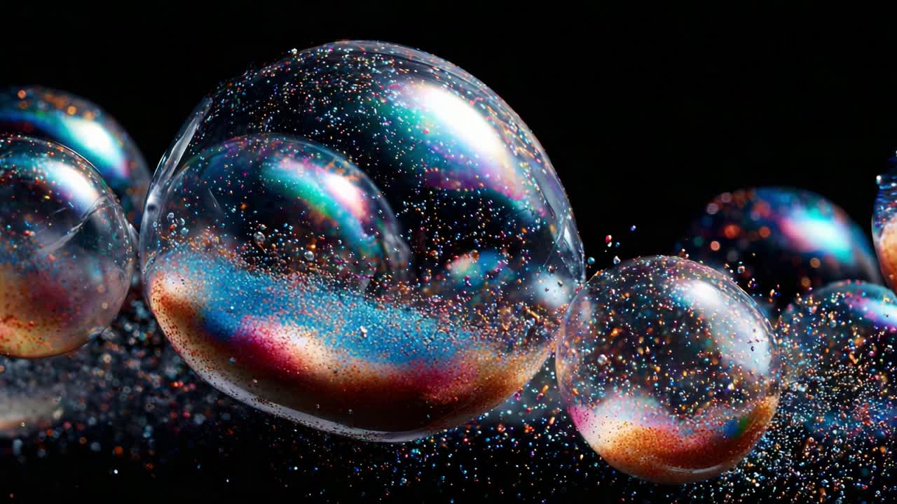 Captivating Close-Up of Shimmering Soap Bubbles with Multicolored Sparkles and Iridescent Effects Against a Dark Background, Showcasing the Beauty of Light Reflection