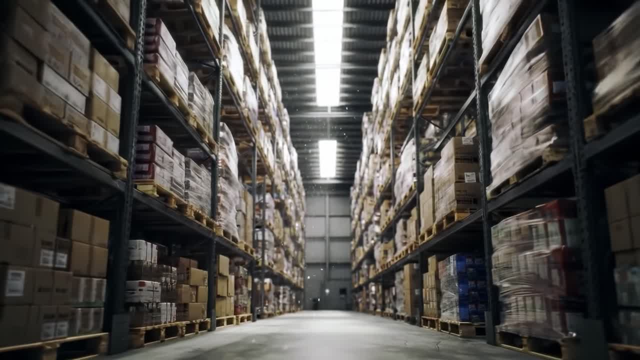 Explore the expansive interior of a bustling warehouse filled with neatly stacked boxes and products. The video showcases the impressive scale and organization typically found in distribution centers.