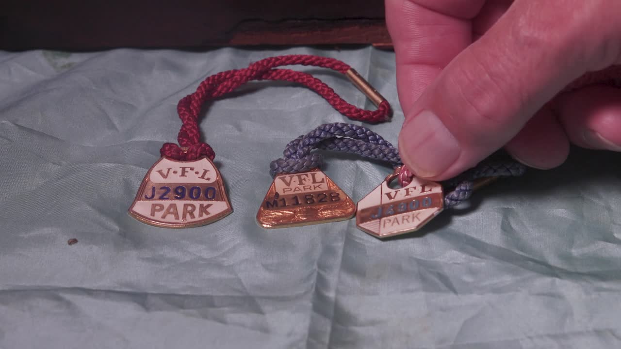Collezione di etichette vintage VFL Park su una superficie di tessuto testurizzata. Ideale per progetti a tema storico o di cimeli