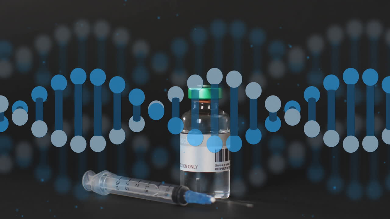 Animation of dna strand and vial with vaccine on black background