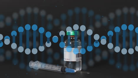 animation of dna strand and vial with vaccine on black background