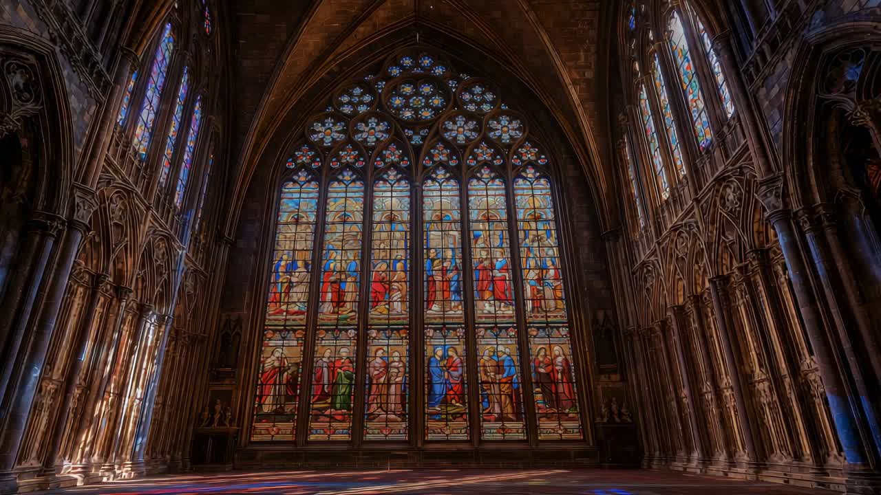 Streaming sunlight through stained glass window in gothic chapel, casting prism light across floor