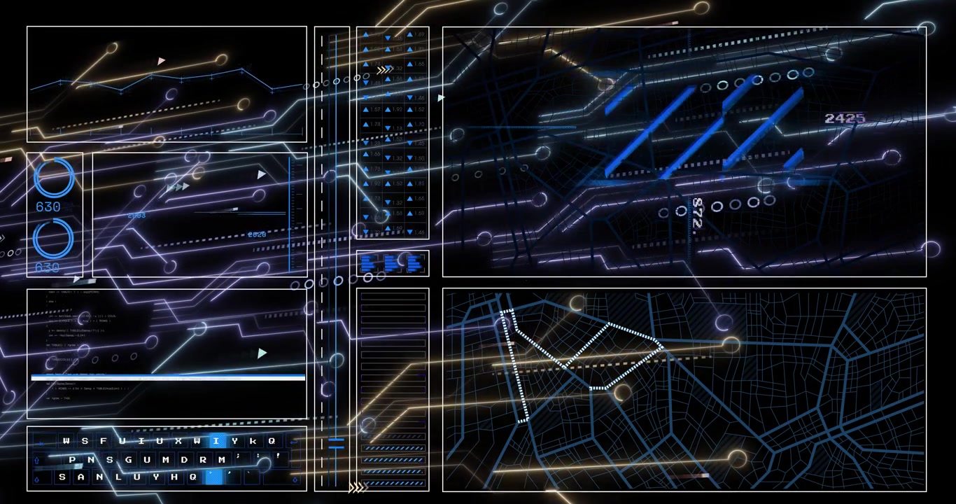 Left-to-right glowing traces initiating HUD, forming panels, updating values for monitoring