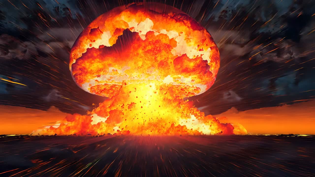 Flashing fireball rising over plain at dusk, forming mushroom cloud, shockwave ring ejecting debris