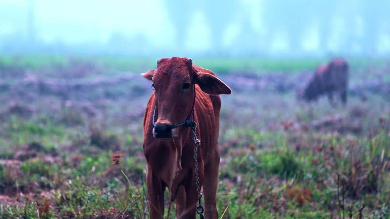 vaca marrón demacrada con hocico y con correa de pie en un campo sano