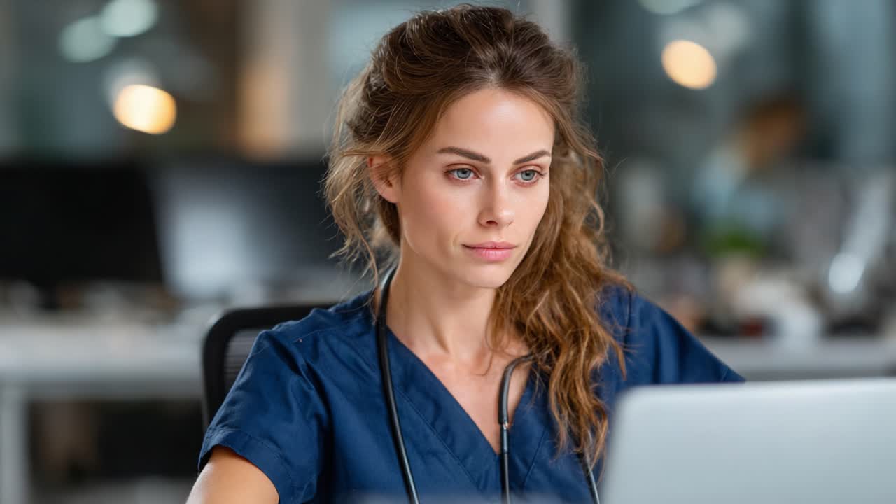 Focused Medical Professional Engaged in Research and Analysis at a Modern Workplace, Demonstrating Dedication to Healthcare and Patient Care Through Technology Use