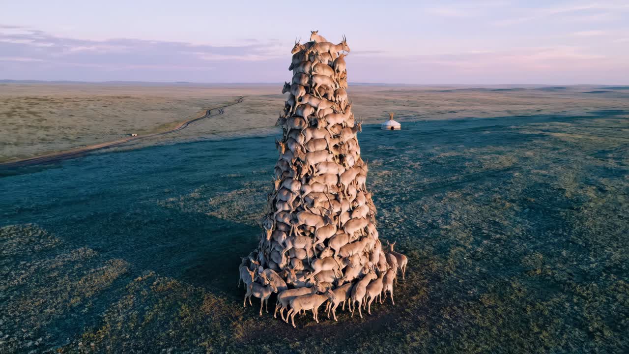 Surrealistisk tårn af antiloper stående på en vidtstrakt græsslette
