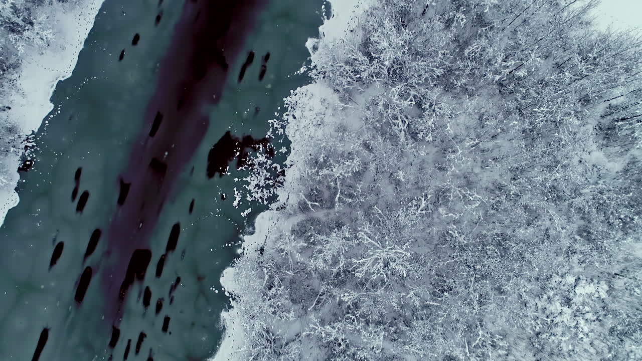 A frozen river through a frosty and snowy forest in the winter wonderland wilderness - straight down aerial view