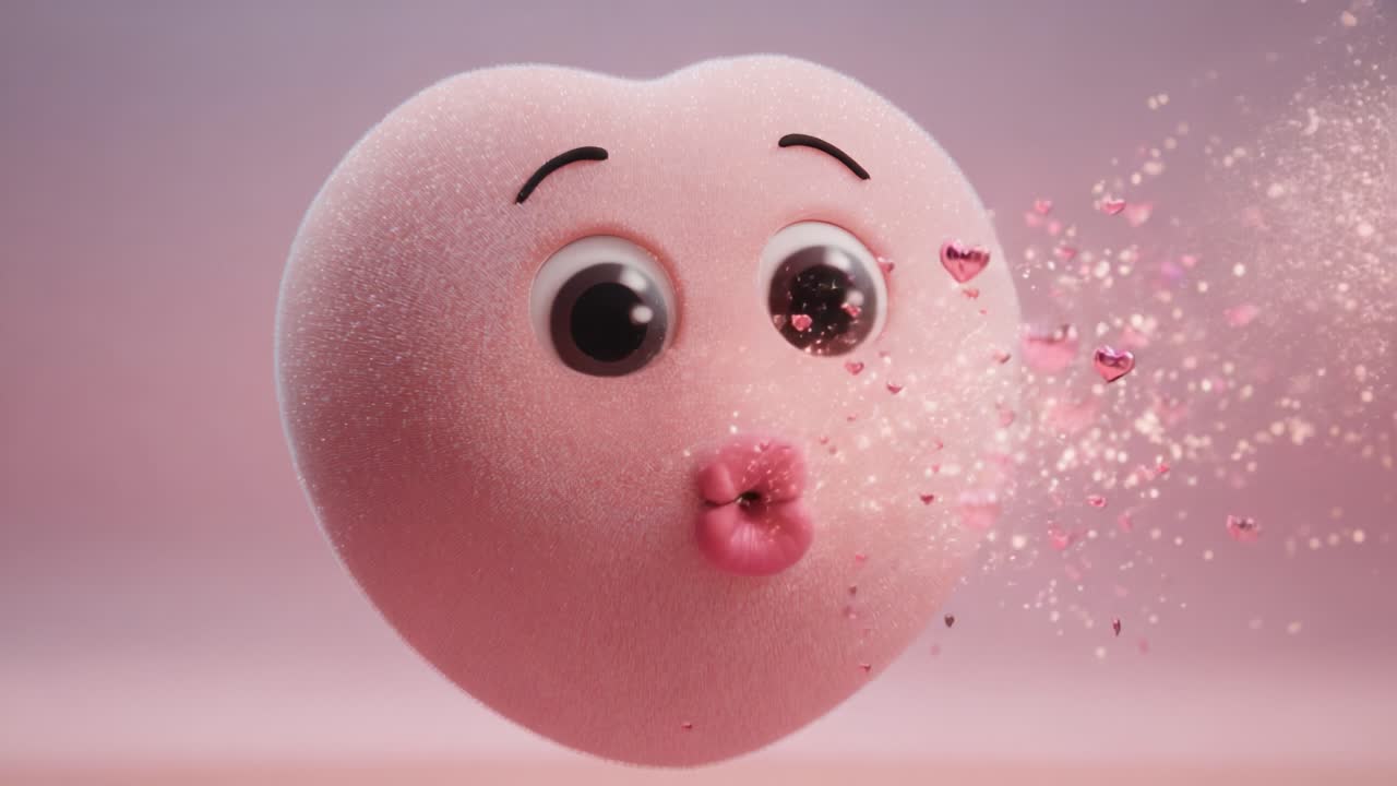 A Charming Pink Heart Character Blowing Sparkling Kisses with Animated Expressions, Surrounded by Floating Hearts and Sparkles Against a Soft Pastel Background