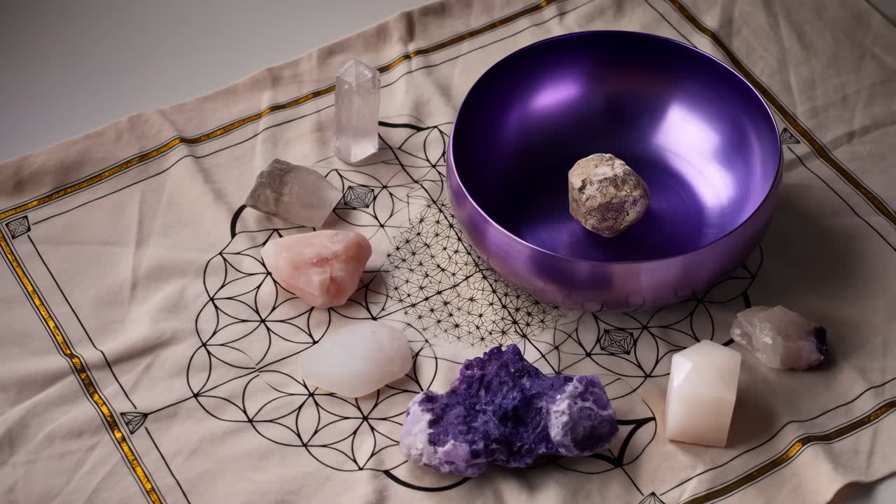 A collection of colorful healing crystals and a purple singing bowl on a sacred geometry cloth