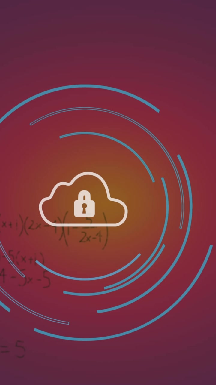 Animation of security padlock icon and mathematical equations against purple gradient background