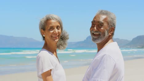 Vista-Lateral-De-Una-Feliz-Pareja-Afroamericana-Senior-Activa-Parada-En-La-Playa-Bajo-El-Sol-4k