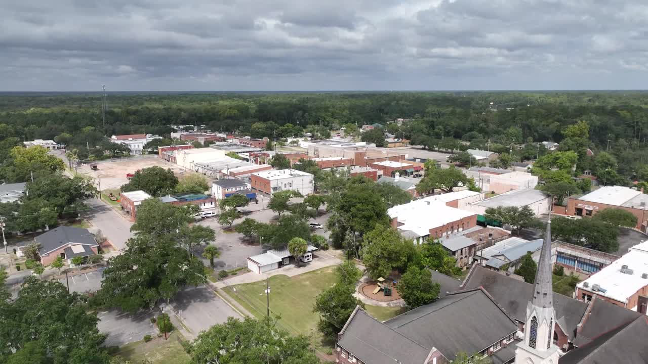 aerial push in over walterboro sc, south carolina small town america, small town usa
