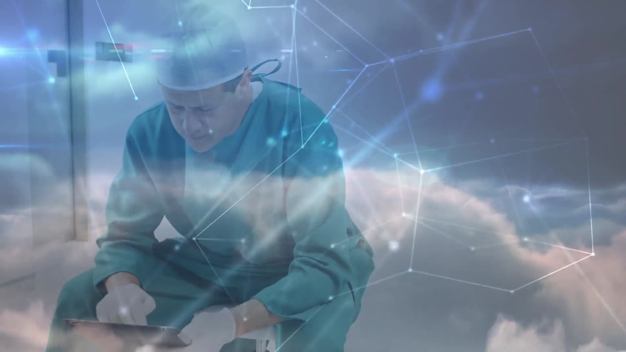 Animazione di una rete di connessioni sovrapposta a un medico maschio caucasico che usa un tablet.