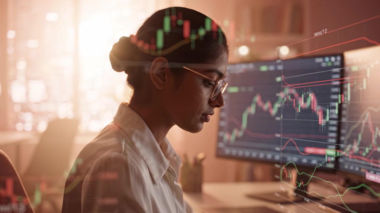 Analisi mirata dei dati finanziari: un monitor professionale mostra le tendenze azionarie mentre un analista utilizza grafici tecnici per trarre conclusioni approfondite.