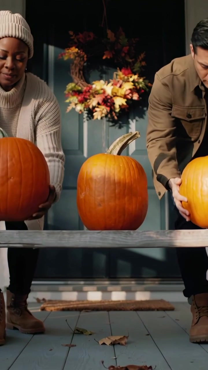 Vertical video: Stepping couple wearing beanie and boots placing pumpkins on porch bench for autumn