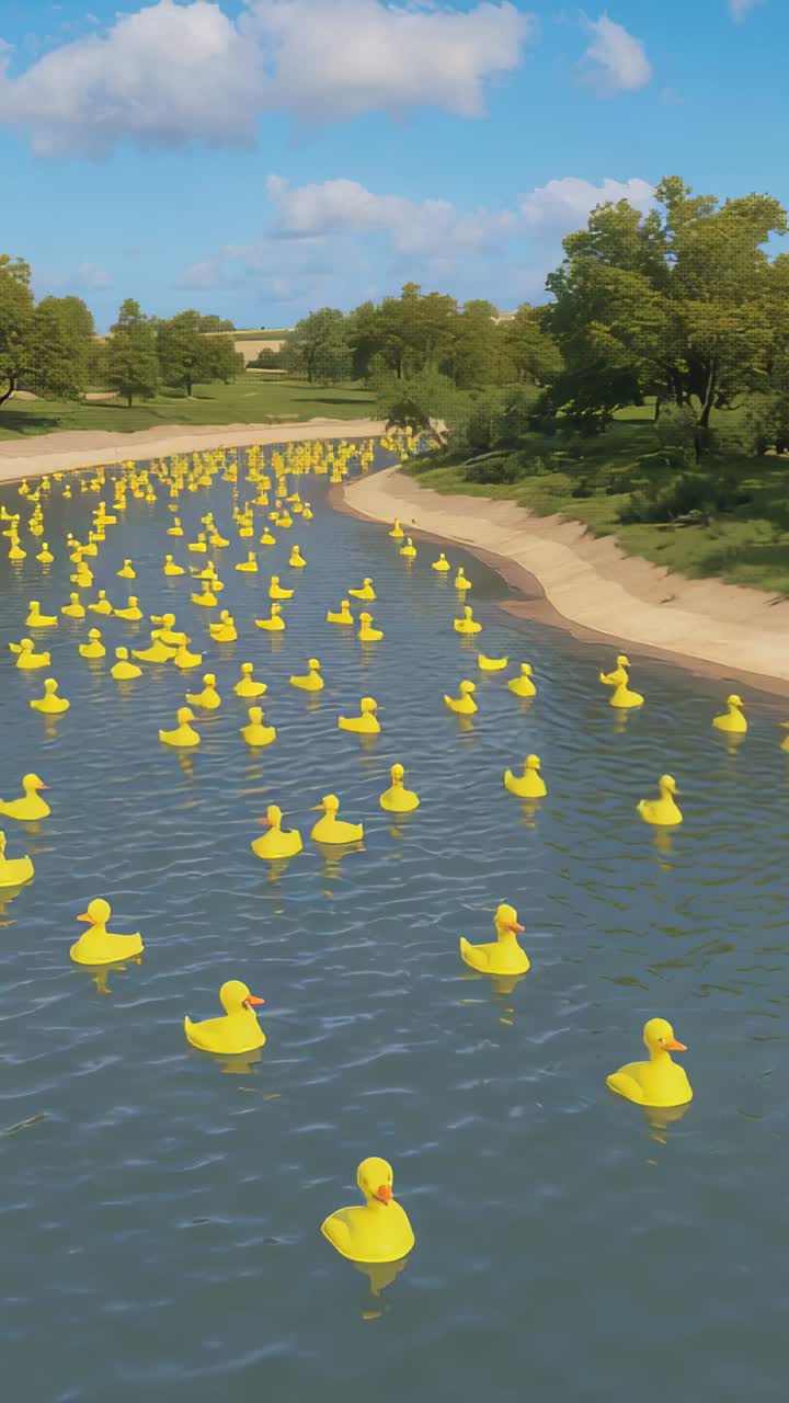 Vertical video: Panning camera showing yellow rubber ducks drifting with current along canal, banks