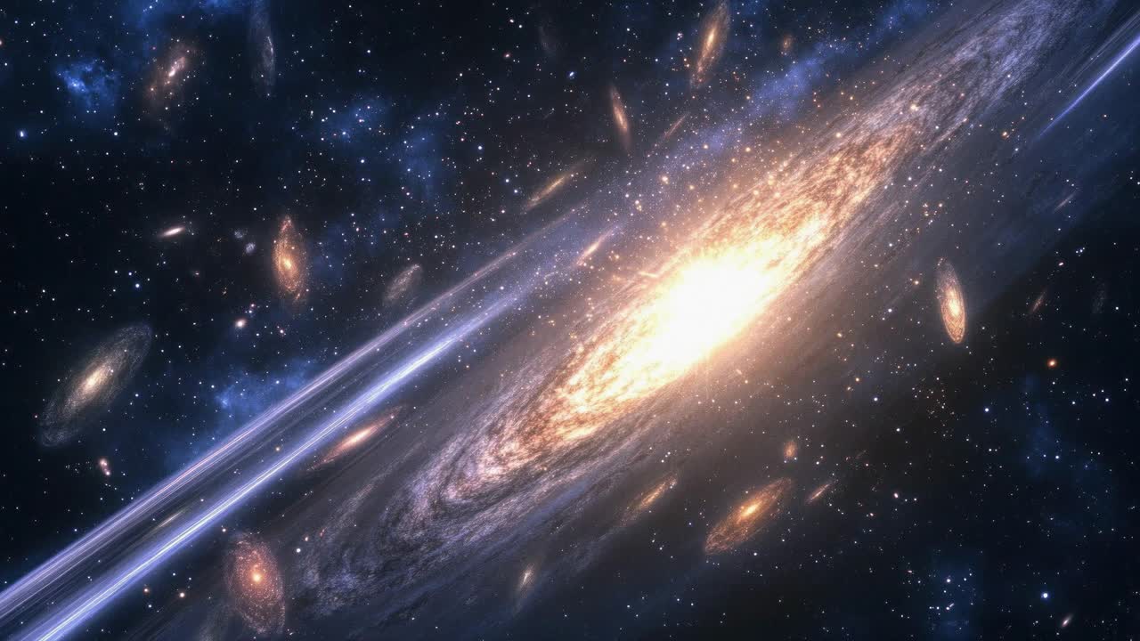 A cosmic video scene of a glowing galaxy with swirling stars and nebulae, captured from a wide-angle