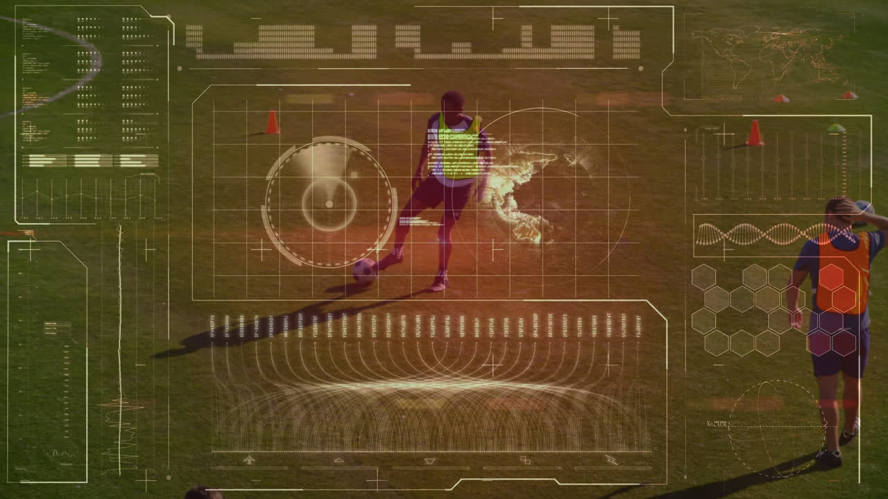 Animation of data processing over african american football player in background