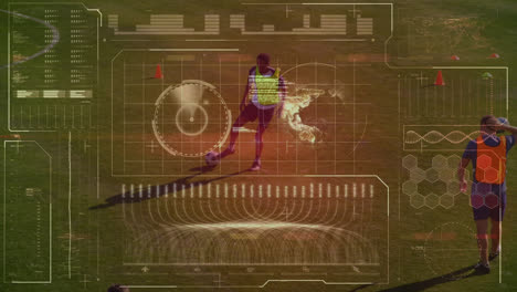 animation of data processing over african american football player in background