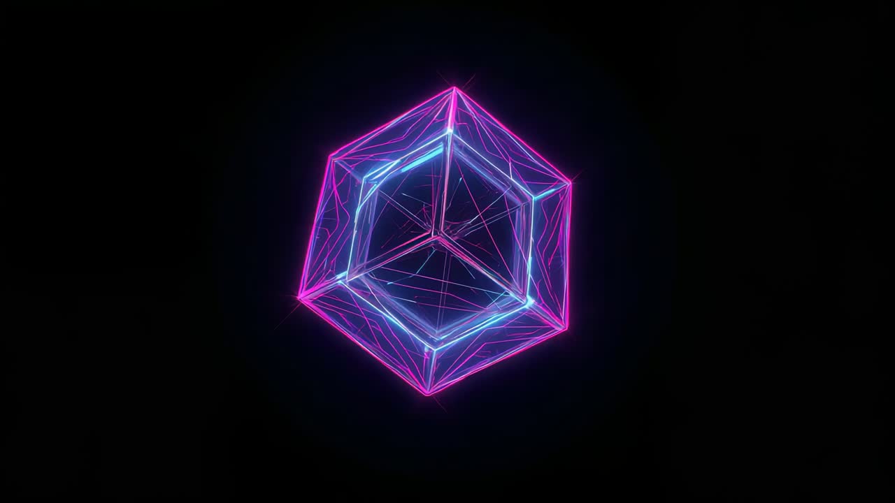 Appearing neon cube rotating at center of black void with pink and blue lines, pulsing glow