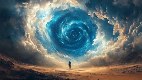a solitary figure facing a mystical spiral portal