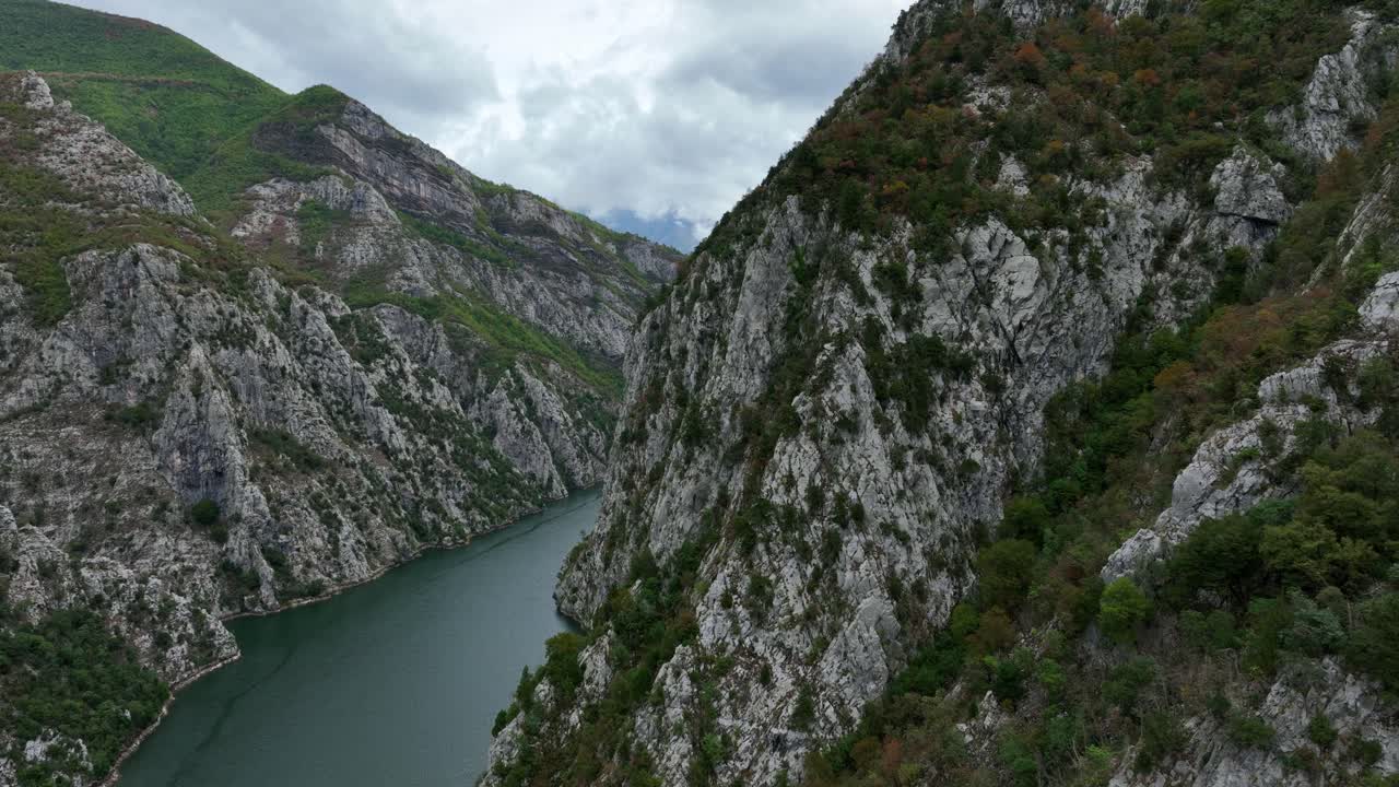 Canyons Surrounding Lake Komani In Albania. drone shot